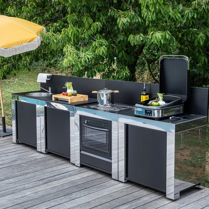 Cuisine D'extérieur ENO Modulo Inox Et Noir Pour Plancha - 4 Modules Avec Cuisinière 1 Cuisine D'extérieur ENO Modulo Inox Et Noir Pour Plancha - 4 Modules Avec Cuisinière